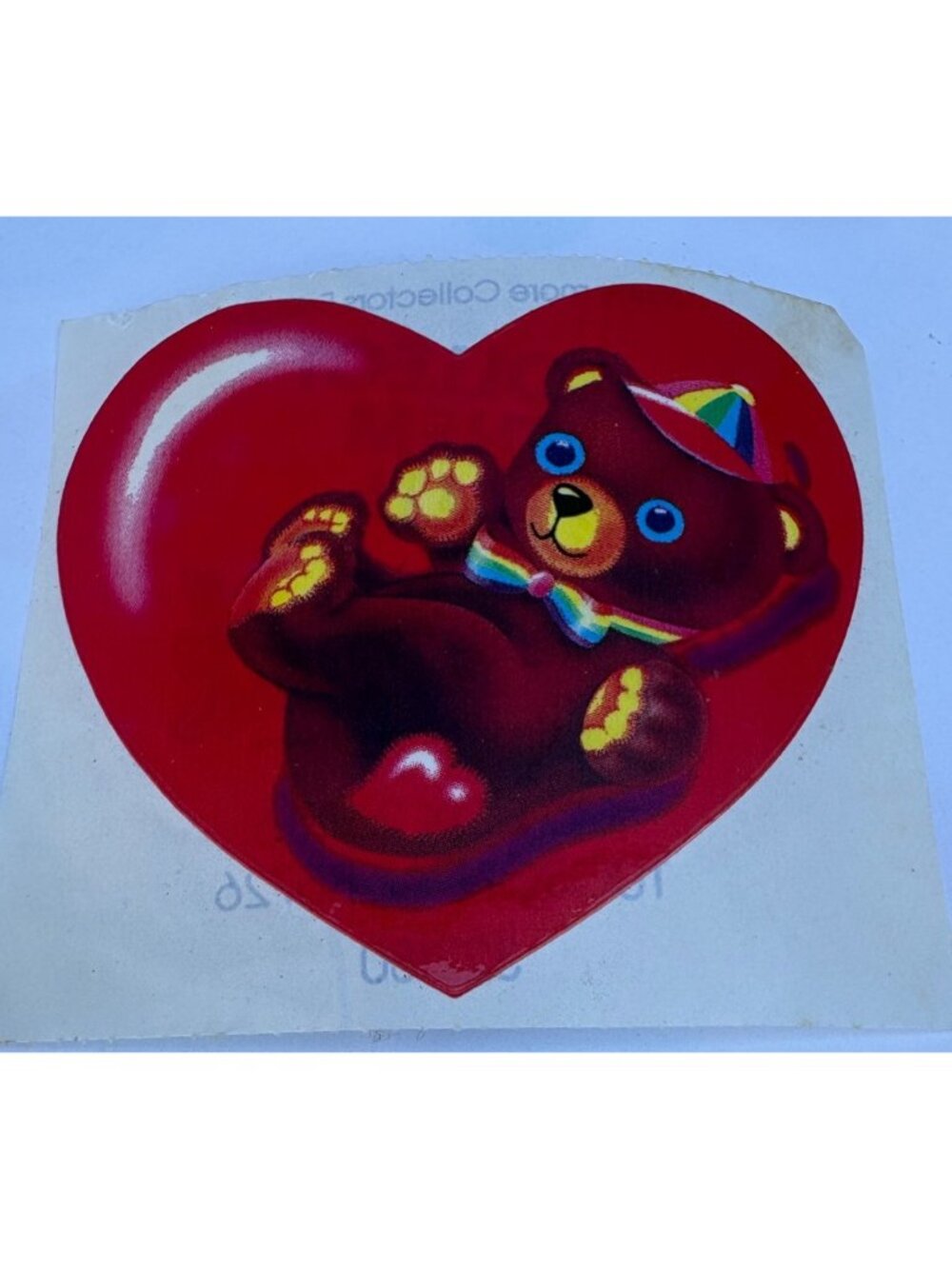 Vintage 1980's Lisa Frank Red Heart Teddy Bear Bow Hat Unused Sticker Ephemera